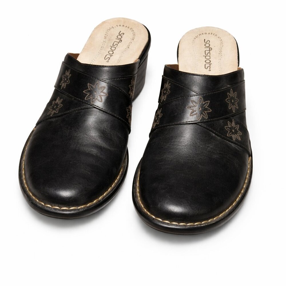 SOFTSPOTS Black Leather Slip On Clogs Shoes Sz 9.5